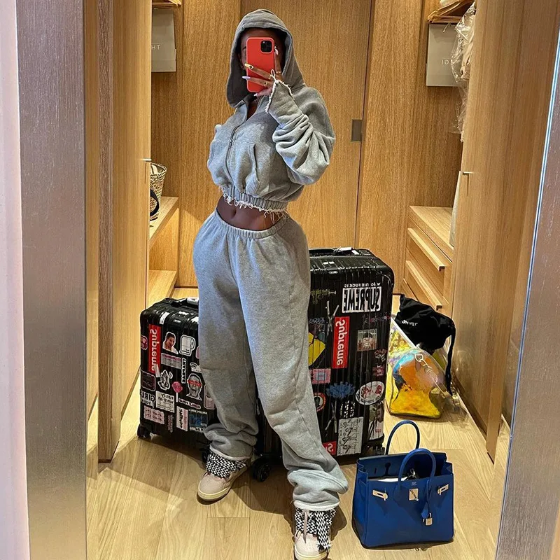 Дропшиппинг зимняя одежда сплошной цвет 2 шт. укороченные карманы толстовки спортивные штаны спортивные костюмы для бега для женщин