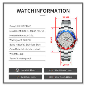 Montre MINUTETIME NH34, montre mécanique automatique, cadran NH34, étanche 10 bars/100 mètres, montre-bracelet en acier rose doré de luxe pour hommes - Product Image 6