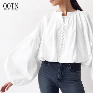 Áo Nữ Xuân Thu OOTN, Áo Sơ Mi Trắng, Cổ Tròn, Ngực Rộng, Tay Lồng Đèn, Vải Cotton