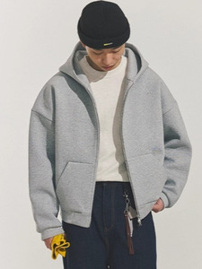 Sweat à capuche court 100 % coton avec fermeture éclair, logo personnalisé, double fermeture éclair, en molleton bouclette noir - Product Image 4