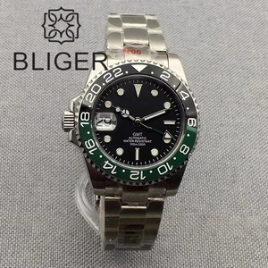 BLIGER gaucher NH34A automatique mécanique hommes montre 40mm boîtier lumineux verre saphir bracelet en acier inoxydable 9 heures corbeau - Product Image 2