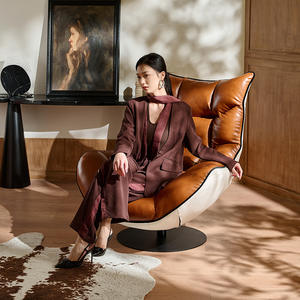 Sillón Individual de Lujo Nórdico, Silla de Diseño para Sala de Estar, Giratoria e Inclinable, con Estructura de Cuero Genuino - Product Image 1