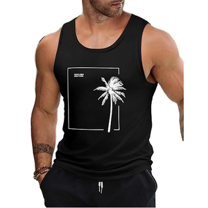 Camiseta sin mangas con cuello redondo para hombre, color negro, informal, con estampado de palmeras blancas, chaleco muscular para gimnasio de verano - Product Image 2