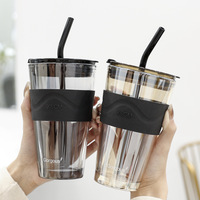 Taza de agua de vidrio de Northern Lights de 450Ml personalizada con tapa y pajita, taza de vidrio reutilizable para café de viaje