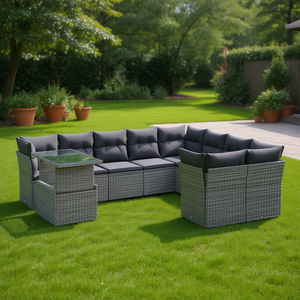 Gray Pe Rattan Garden <b>Sofa</b> <b>Set</b> With Tempered Glass Outdoor Furniture Contemporary Design - Product Image 2