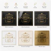 Étiquette alimentaire en relief doré pour boîte de caviar, texturée, écologique, imperméable, imprimée en sérigraphie