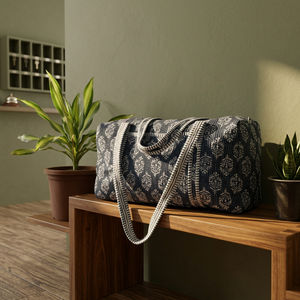 Blue Cotton Printed Quilted Weekender Duffel <b>Bag</b> <b>Large</b> Capacity Zipper Closure Travel <b>Bag</b> <b>Beach</b> Boho Weekender Duffel <b>Bags</b> - Product Image 2