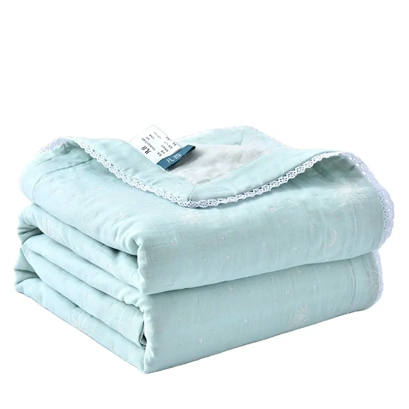 High Quality 100% Cotton Jacquard Lace Edge Decoration Blanket 4 Layer Muslin Blanket Baby