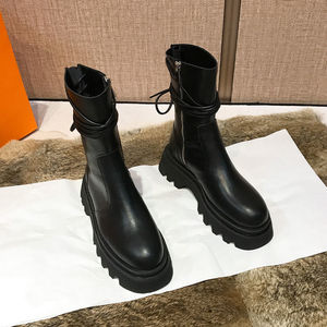 Botas de Media Pantorrilla con Cordones para Mujer, Estilo Vintage, Punta Redonda, Cuero Negro, Cierre Lateral, Plataforma, Estilo Biker, Otoño Invierno - Product Image 2
