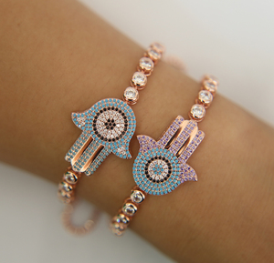 <span class=keywords><strong>Hamsa</strong></span> con tachuelas de diamantes de imitación con mal de ojo de la suerte pulsera de cordón chapada en oro - Product Image 4