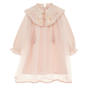 Otoño nuevo bordado niñas Vestido largo de princesa estampado Floral cuello redondo decoración de encaje nube hombro <span class=keywords><strong>gasa</strong></span> para niños - Product Image 1