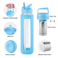 Bouteilles d'eau en verre 32 oz - Faciles à transporter, bouteille d'eau en verre de 1 litre avec manchon en silicone, paille et 1 couvercle sans BPA, personnalisables