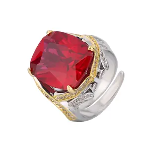 2024 Zircon Gold Plated Square Ruby Red Stone Ring For Women Women's Korean Version Fashion Luxury Trendy Opening Finger Ring