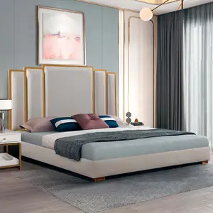 Juego de muebles de lujo para dormitorio, cabecero de madera moderno, cama suave Queen de acero inoxidable, cama doble de cuero de tamaño King