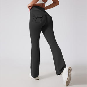 Pantalones de Fitness Lulu de cintura alta para mujer, pantalones deportivos de secado rápido para correr, pantalones de Yoga acampanados de melocotón, bolsillo de carga, patrón sólido - Product Image 1