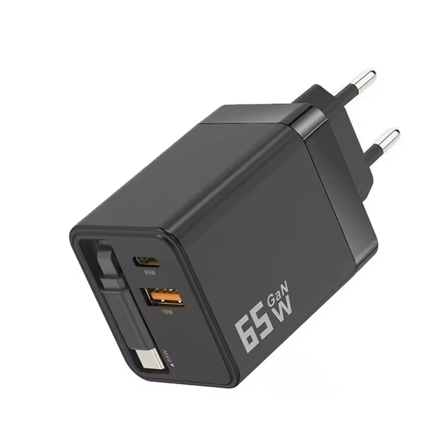 65W GaN Charger Retractable Type-C Cable A+C Port Full Protocol Fast Charger Fireproof Material Universal Adapter for Laptop