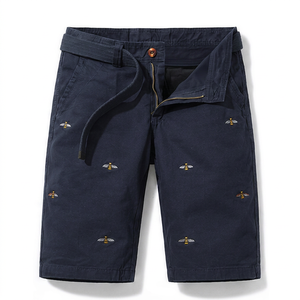 Shorts Bermuda Homme Bleu Marine avec Broderie Abeille Taille Mi-Haute en Tissu Oxford de Coton Décontracté à Braguette Boutonnée - Product Image 1