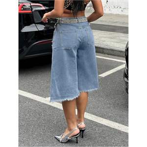 Shorts en jean déchiré taille haute asymétriques à jambe large pour femme, coupe capri, 100 % coton - Product Image 5