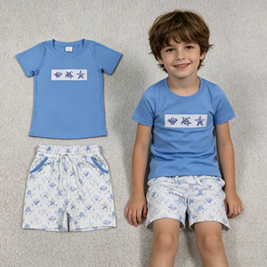Ensemble de vêtements pour enfants en gros, t-shirt et short pour petits garçons, broderie d'animaux marins, style décontracté d'été, 2 pièces, collection RTS Boutique - Product Image 1
