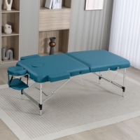Table de massage portable pliable en 2 sections avec pieds réglables en hauteur, repose-tête et accoudoirs, cadre en aluminium, couleur turquoise