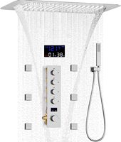 Système de douche thermostatique complet en laiton nickel brossé à 5 poignées, avec pommeau de douche rectangulaire à 6 jets, effet pluie et cascade en céramique