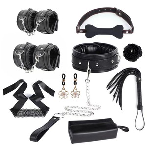 Sm Nine Piece Set Black Leather <b>Cuffs</b> Collar Gag Blindfold Rope <b>Earrings</b> With Storage Bag For Adult Play - Product Image 1