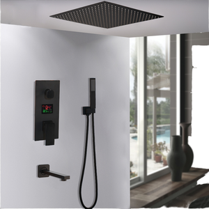 Đen Brass Tĩnh Nhiệt Thác Lưu Vực Bồn Tắm Vòi Hoa Sen Vòi Kép Xử Lý Giấu Điều Khiển Gốm Mưa Massage Máy Bay Phản Lực Phun - Product Image 1