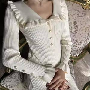 Fabricants de vêtements pour femmes, robe midi vintage, robe en tricot slim pour femmes, automne-hiver, robe décontractée à manches évasées et volants - Product Image 3