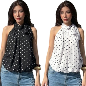 Polka Dot Sheer Knitted Breathable Casual Loose Fit Tank Top Sexy <b>Open</b> Back Halter Neck Tie <b>up</b> Sleeveless Blouse - Product Image 1