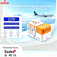 Adaptateur de voyage FOXCAN 25W PD certifié CE FCC avec câble rétractable, 2 ports USB + 3 ports Type-C, entrée 10A, utilisation universelle pour les voyages