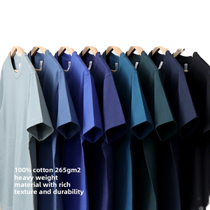 T-shirt décontracté bleu pour homme, col rond, coupe ample, 100 % coton tricoté lourd 260g, anti-boulochage, style rétro, manches courtes, vierge - Product Image 1