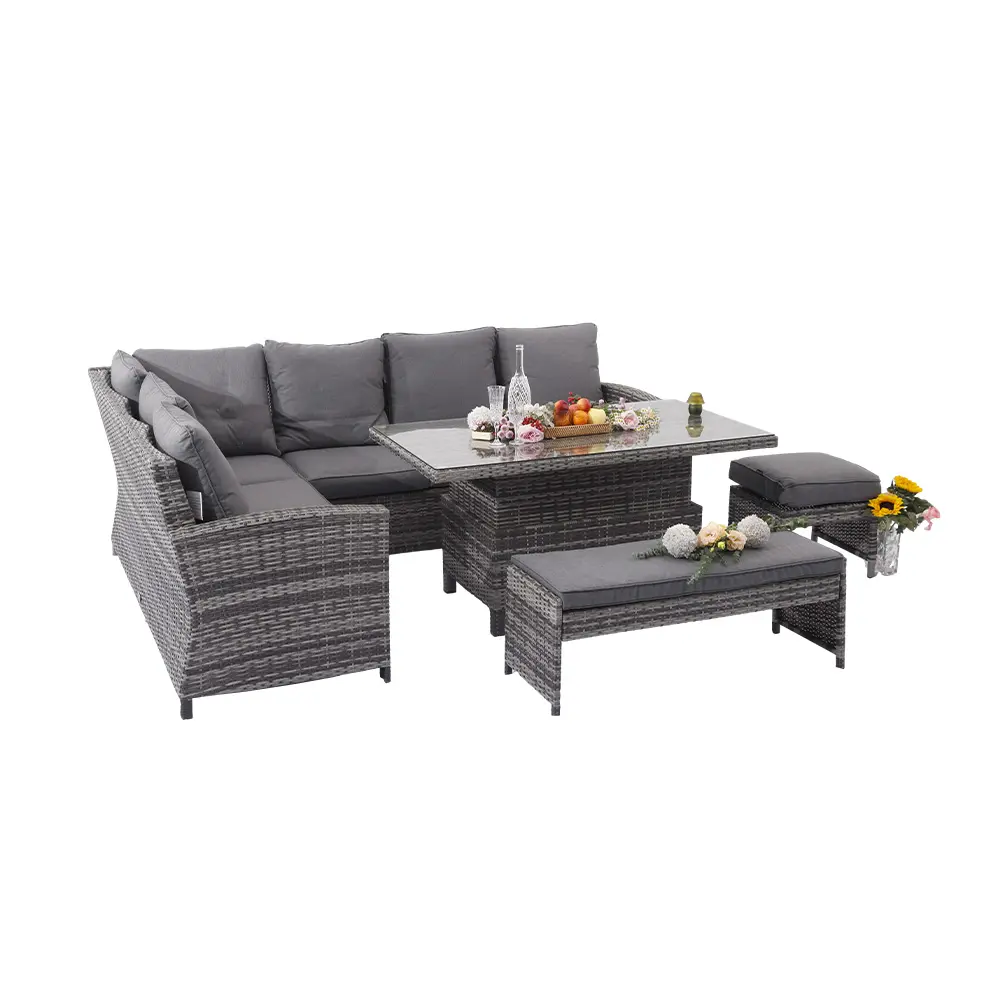 High Quality Aluminum Adjustable Garden Popular Outdoor Patio Coffee Table Balcony Rattan Furniture Grey Sofa set