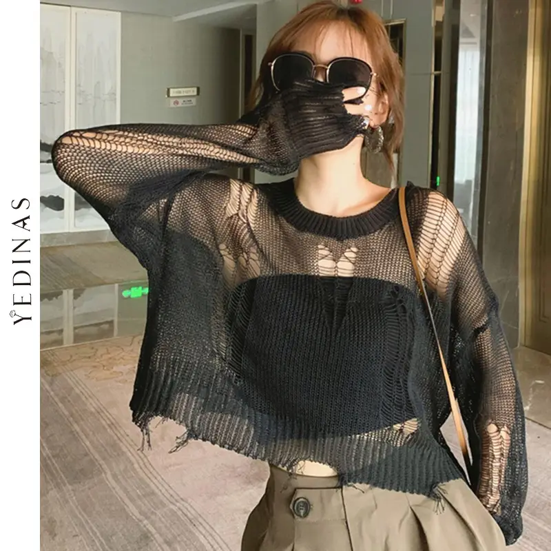 Cropped Y2k Sweater Black Gothic Thin Women Pullover Loose Anime Sweaters Lady Hollow Out Streetwear Split Knit Short Top