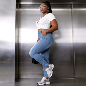 Jean skinny pour femmes grandes tailles, bleu clair, haute élasticité, style fashionista urbain, taille basse avec étiquettes, du 0XL au 4XL - Product Image 3