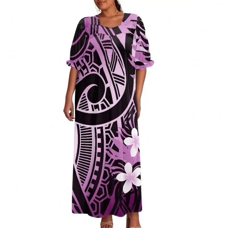 Vestido longo de manga bufante plus size para mulheres grávidas, vestido longo com estampa tribal polinésia para mulheres gordas, vestido mumu de ilha, 2024