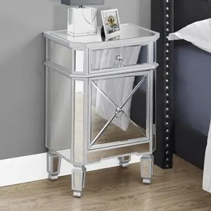 Belleworks Good Quality Mirror Bedside Table One Draw One Door For Bedroom Mirrored Silver Night Stand Bedside Table