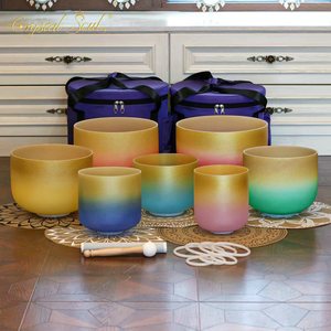 Set di ciotole di cristallo con sette <span class=keywords><strong>Chakra</strong></span> in oro con bordo classico in cristallo smerigliato - Product Image 1