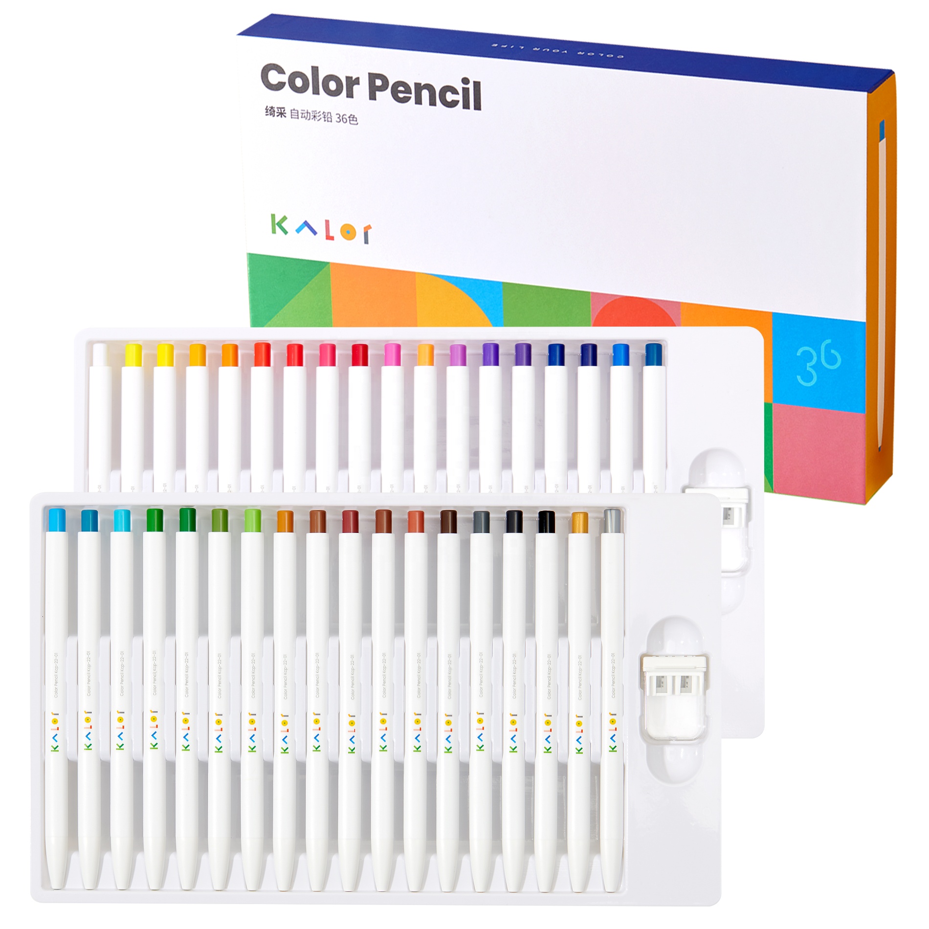 KACO KALOR 36 assorted color mechanical pencils, refillable, 2 pencil sharpeners included