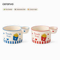 Bol à frites en céramique personnalisable avec coupelle à sauce intégrée, motif mignon, en porcelaine, pour salade, fruits, apéritifs et repas