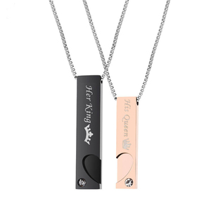 Dropshipping Pendentif barre en acier inoxydable en forme de cœur gravé au laser avec le nom de sa reine et de son roi Collier de couple personnalisé - Product Image 3