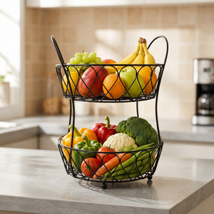 2-Tier Metal Fruit Basket Black Iron Wire Double Layer Kitchen Countertop Organizer <b>Vegetable</b> <b>Stand</b> Home Dining Decor - Product Image 6