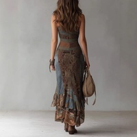 Nouvelle jupe longue asymétrique vintage 2026, imprimée patchwork, taille haute ajustée, fente avant, logo tricoté