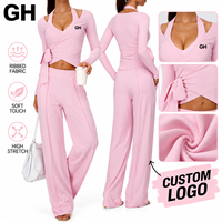 GH Outdoor Fashion Gym Fitness Clothing Deep V  Long Sleeve Crop Top Halter Neck Bra Loose Pants Sports Suit New Ribbed Yoga Set