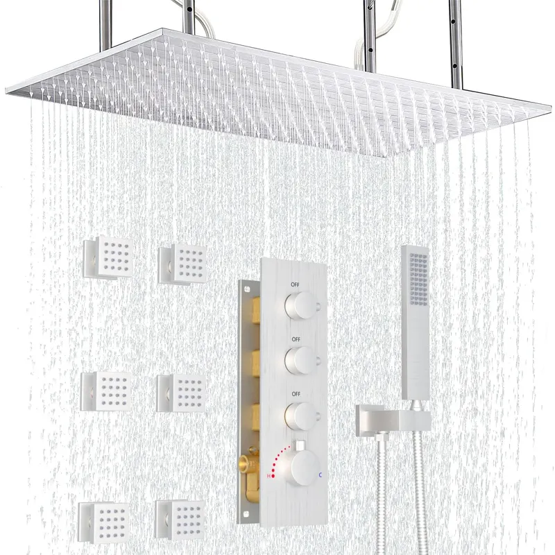 Shower System Luxury 3 Functions Brushed nickel Thermostatic Large Rainfall Shower Set With 6 Body Jets