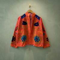 Blouson Bomber Unisexe en Velours Tricoté Artisanal Automne, Style Suzani, Rose Pêche Corail, Coton, Ouvert sur le Devant, Court, Bohème Ethnique Fait Main