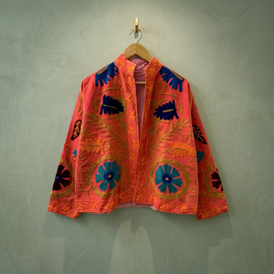 Handcrafted Unisex Autumn Knitted Velvet Suzani Bomber <b>Jacket</b> Peach <b>Coral</b> Pink Cotton Open Front Short Boho Ethnic Hand - Product Image 3