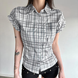 Women's Plaid Button Down Shirt Lapel Collar Woven School Style Basic Casual Blouse Clearance Price <b>Top</b> - Product Image 3