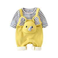 Combinaison bébé à manches longues rayée, style printemps-automne, motif éléphant, douce, à une seule couche, pour garçons et filles