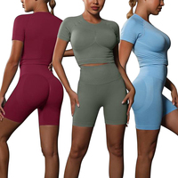 Ensemble de yoga deux pièces pour femme 6600-D, sans couture, effet fesses galbées, couleur unie, short de yoga très élastique, idéal pour la course et le fitness