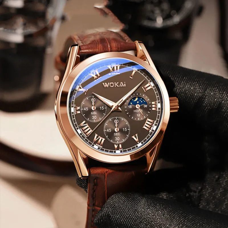 Relógio de pulso masculino, relógio de quartzo analógico casual com pulseira de couro para homens